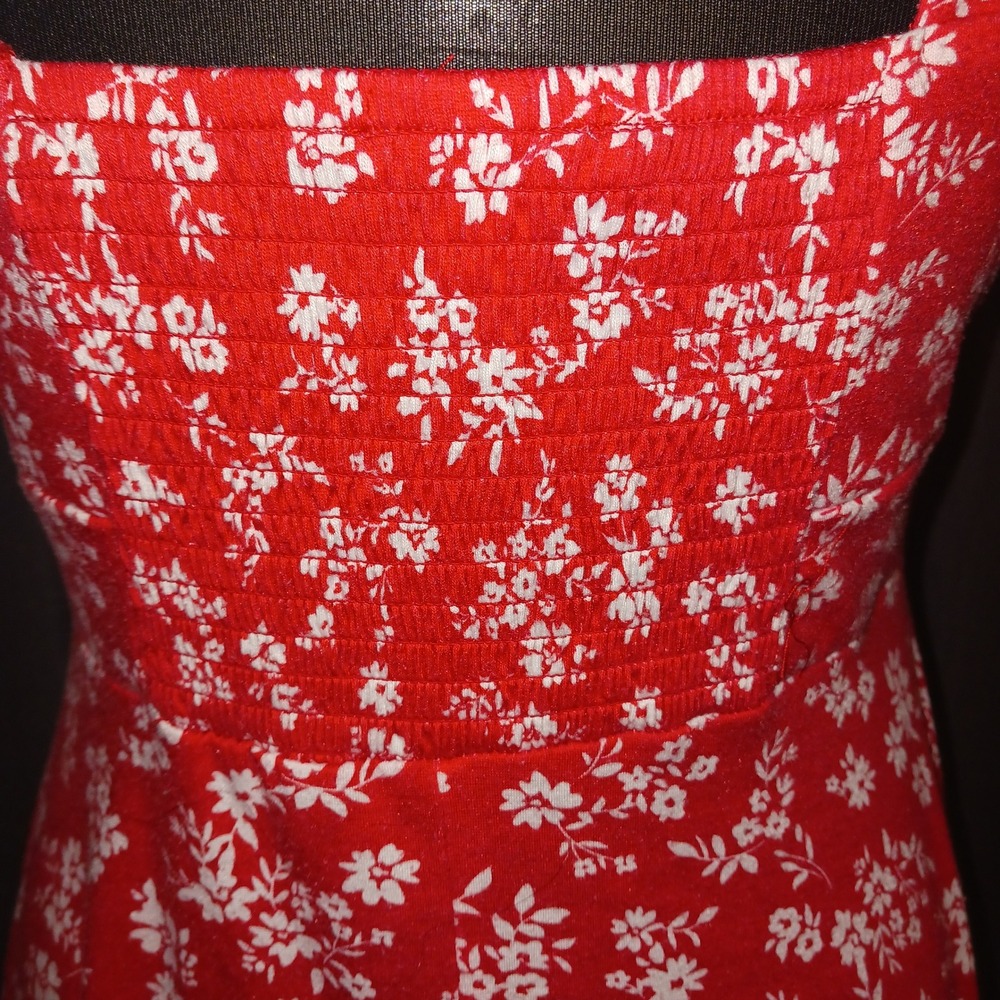 Red Floral Print Smocked Bodice Midi Tank Dress Asymmetrical Hankercheif Hem L - Picture 5 of 9